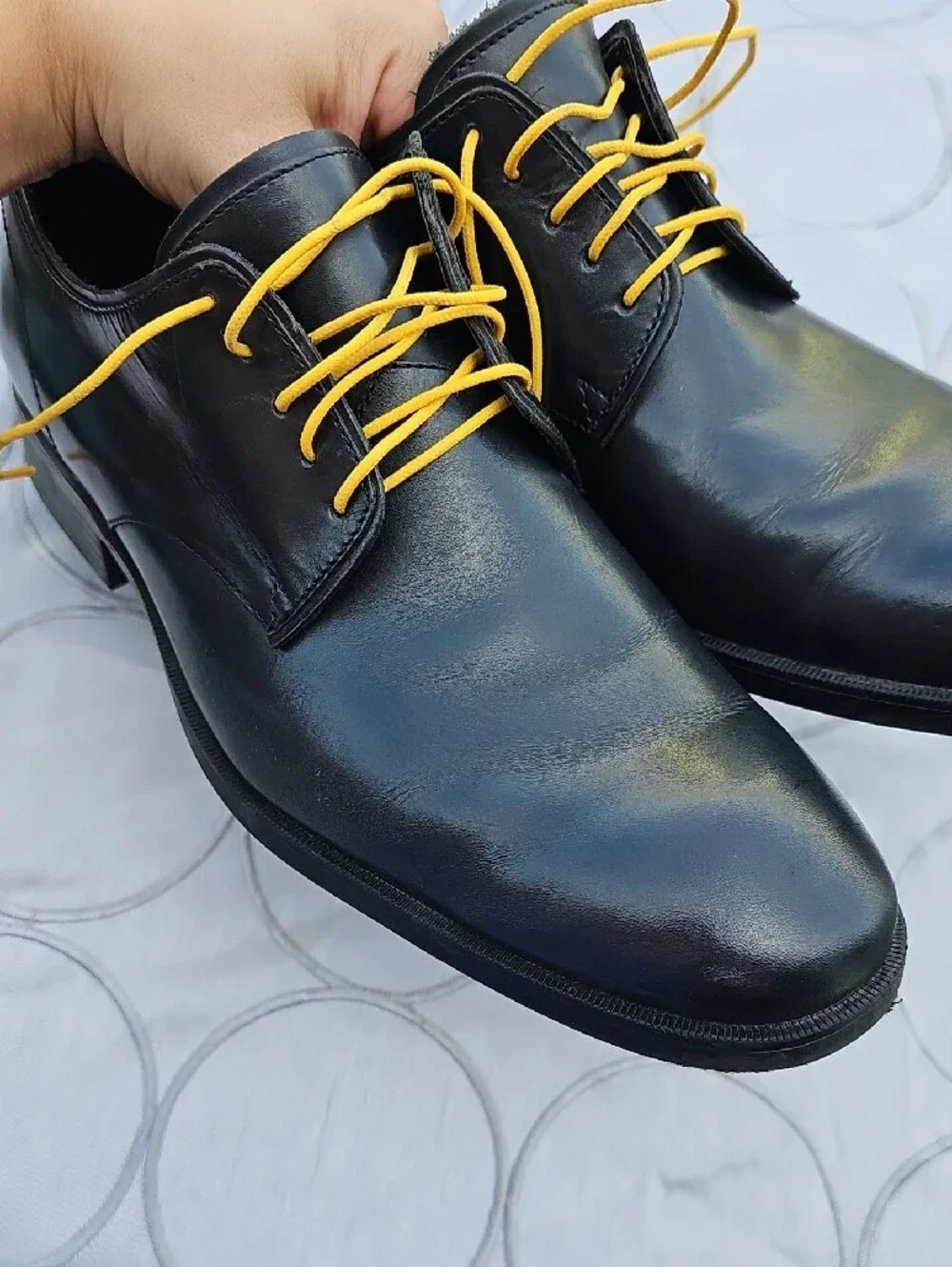 Cole Haan Black Leather Derby Shoes with Yellow Laces AA